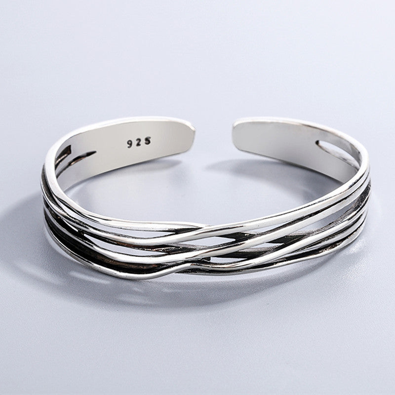 Retro Wave Braided Bracelet 925 Sterling Silver Geometric Bangle
