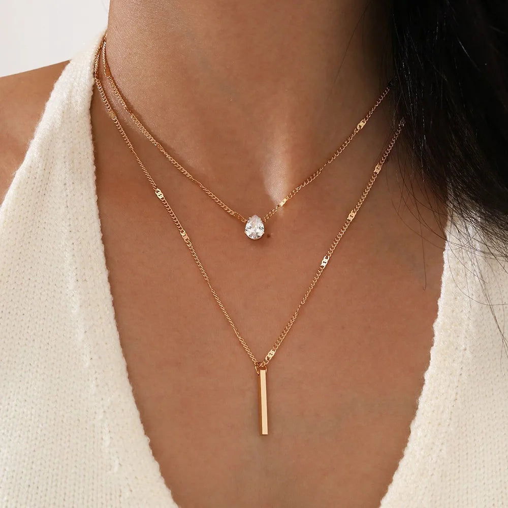 Fashion Multi-layer Necklace For Women Simple Crystal Water Drop Pendant Gold Silver Color Chain Choker Trend Jewelry