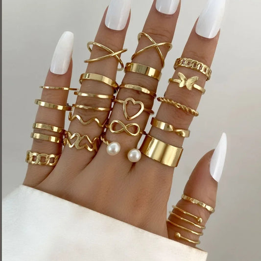 22 pcs ring set Gold Color Heart Rings Set Women Vintage Cross Butterfly Pearl Geometric Hollow Ring Fashion Wedding Party Festival Gifts