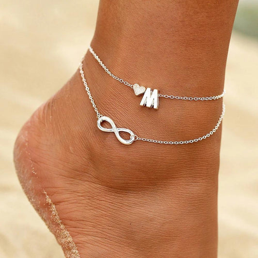Bohemia A-S Letter Initial Anklet For Women Silver Color Initial Heart Anklet Bracelet Leg Chain Beach Party Travel Foot Jewelry