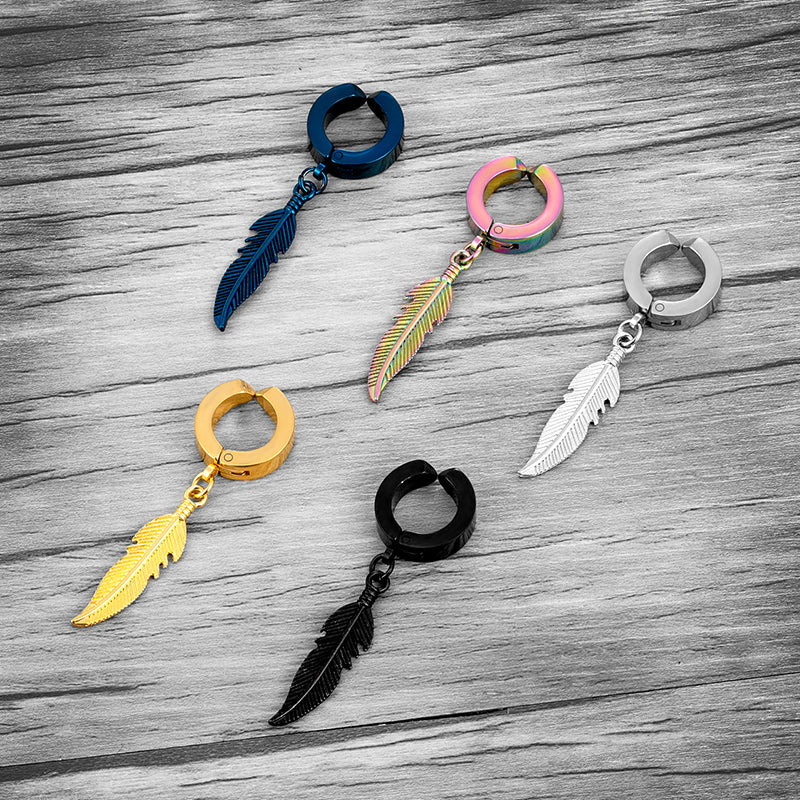 1 Pair Stainless Steel Feather Ear Clip For Man Women Korean Fashion Design Leaf Hoop Earrings Punk On Drop Piercing Ear Jewelry