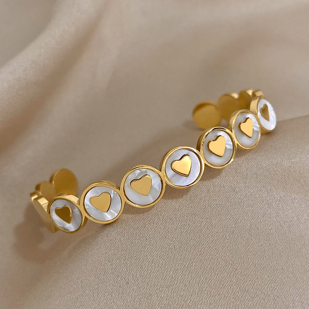 ALLYES White Shell Heart Cuff Bracelet Gold Stainless Steel Jewelry for Women