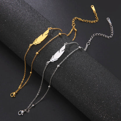 Feather Bead Double Layer Anklet Stainless Steel Gold & Silver Jewelry