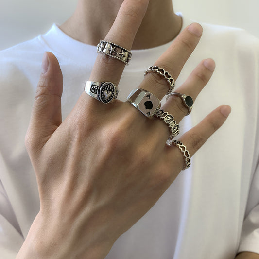 7Pcs/Set Goth Carved Heart Poker Antique Silver Color Rings for Men Vintage Geometric Knuckle Street Ring Accessories Steampunk
