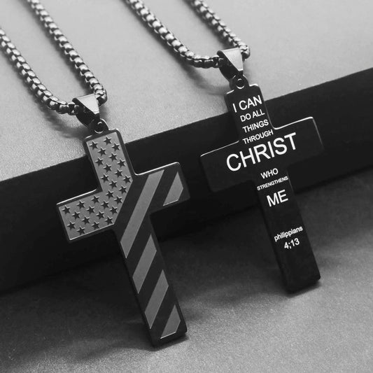 304L Stainless Steel USA Flag Cross Necklace for Men Women Bible Verse Necklace Men Spiritual Jewelry