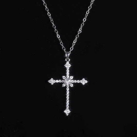 1pcs Imitation White Gold-color Necklace Ladies Cold Wind Full Of Diamonds Star Mango Shining Cross Pendant Jewelry