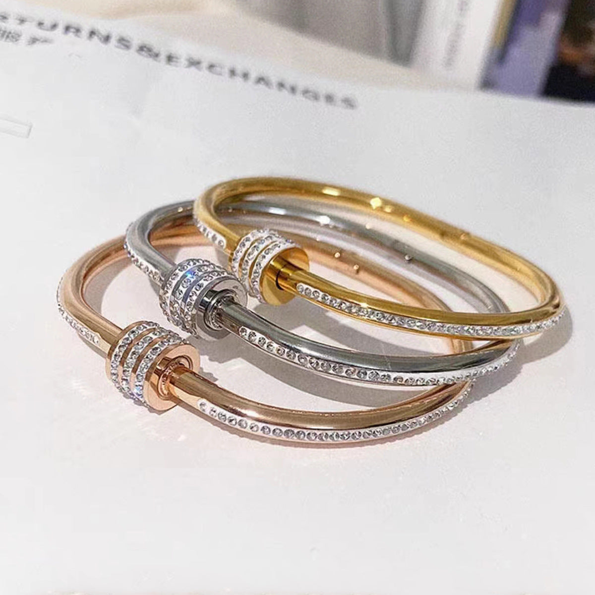 Gold-Plated Stainless Steel Wrap Bangle Luxury Handmade Crystal Bracelet