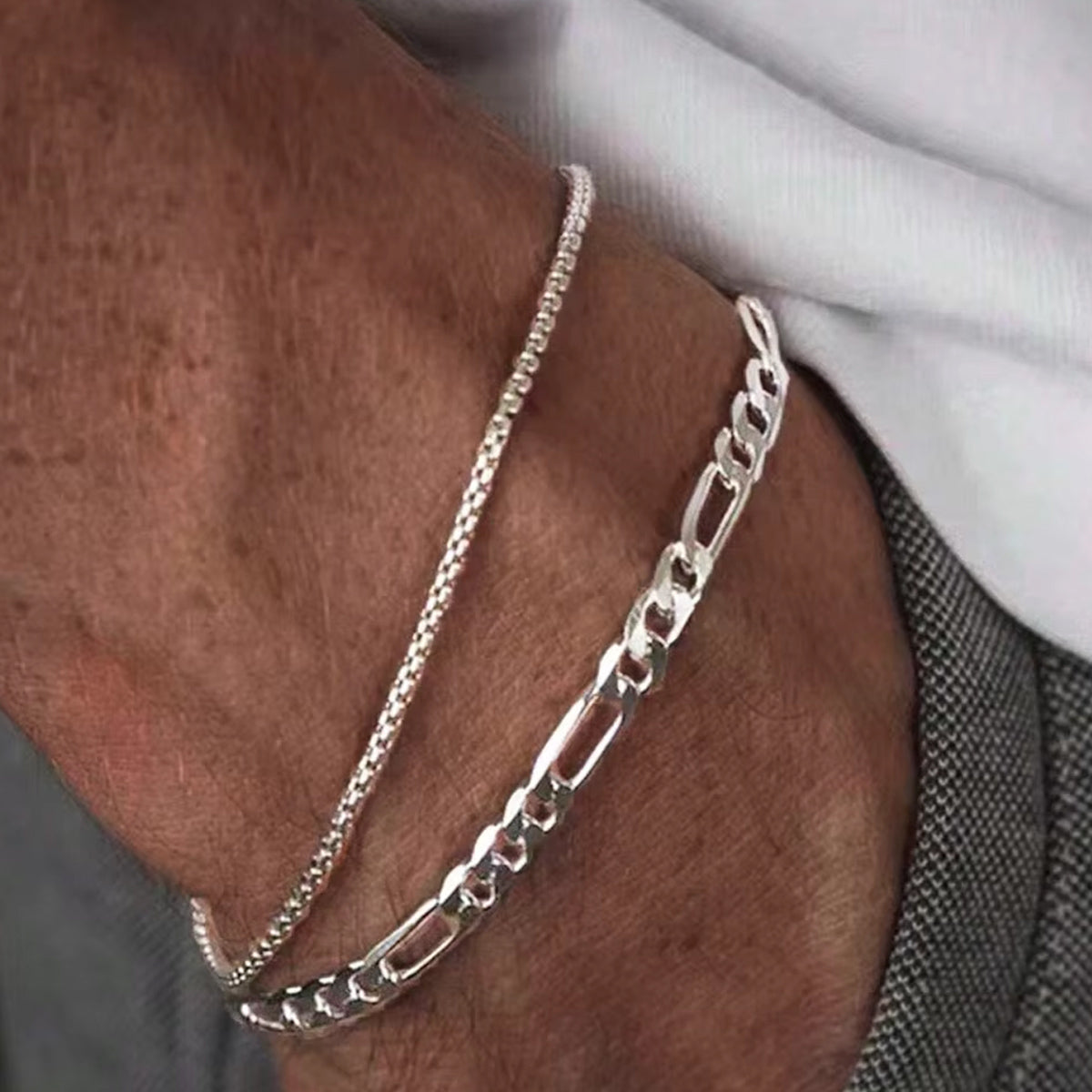 2PCS Gold & Silver Plated Chain Bracelets Set Casual Streetwear