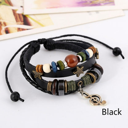 Men and Women Leather Bead Bracelet Vintage Musical Note Adjustable