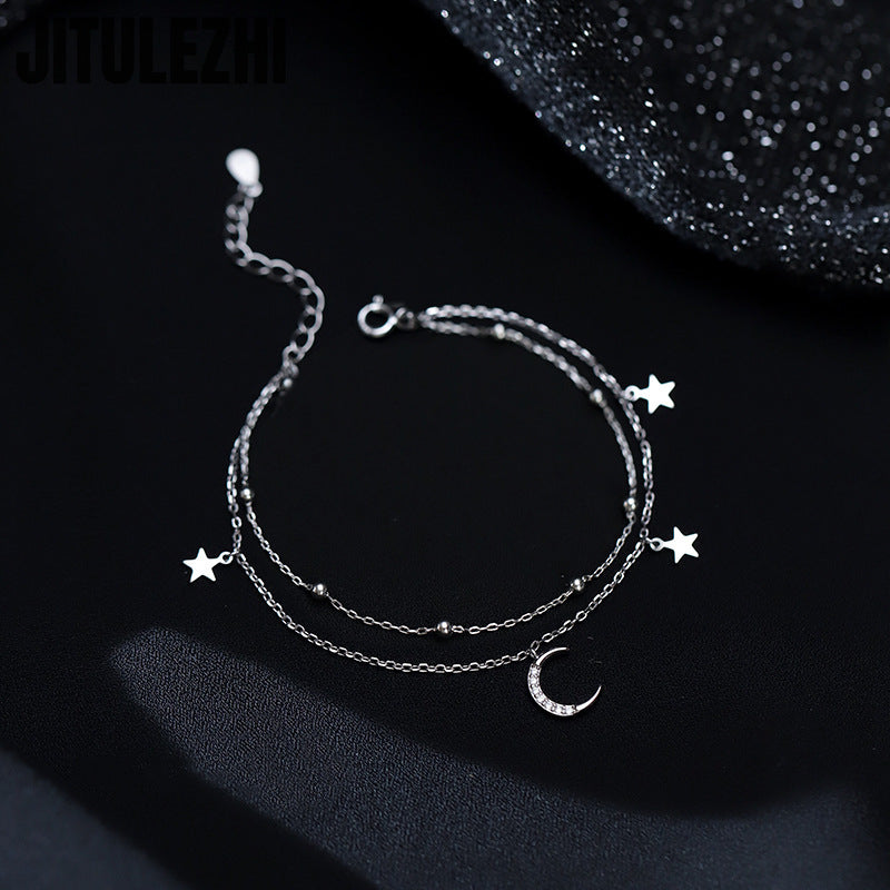 925 Sterling Silver Star & Moon Bracelet Double-Layer Women’s Jewelry