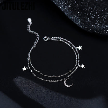 925 Sterling Silver Star & Moon Bracelet Double-Layer Women’s Jewelry