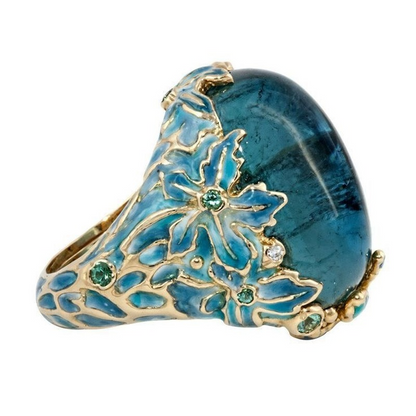 Elegant Gold Enamel Flower Ring with Blue Stone for Women Engagement