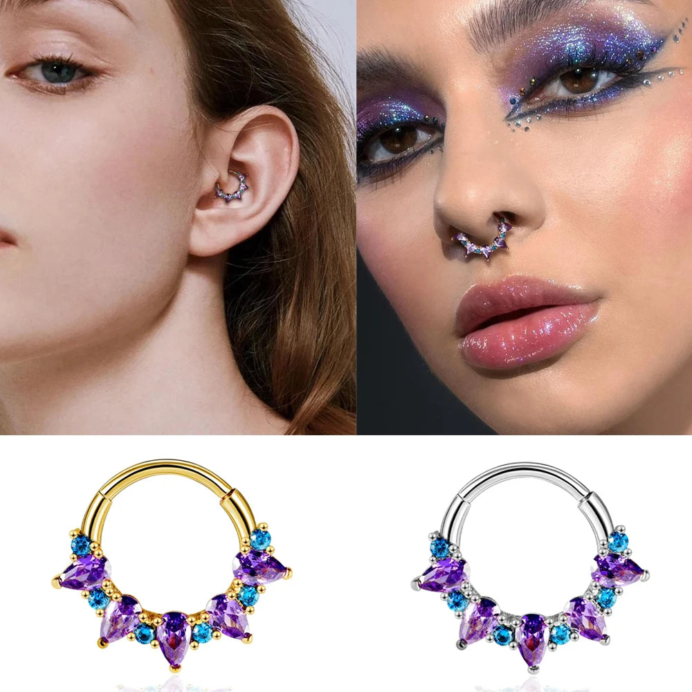 Gold Nose Ring Purple Cubic Zirconia Surgical Steel Septum Jewelry