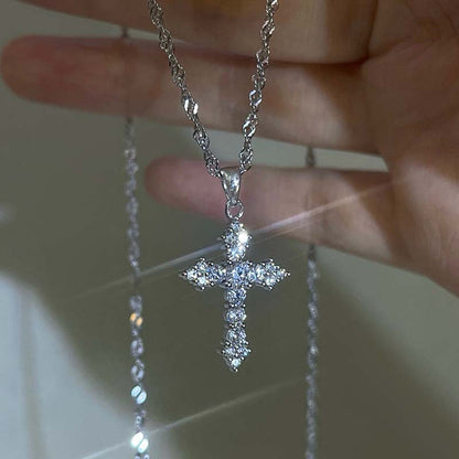 Women’s Punk Cross Necklace Shiny Zircon Thin Chain Jewelry