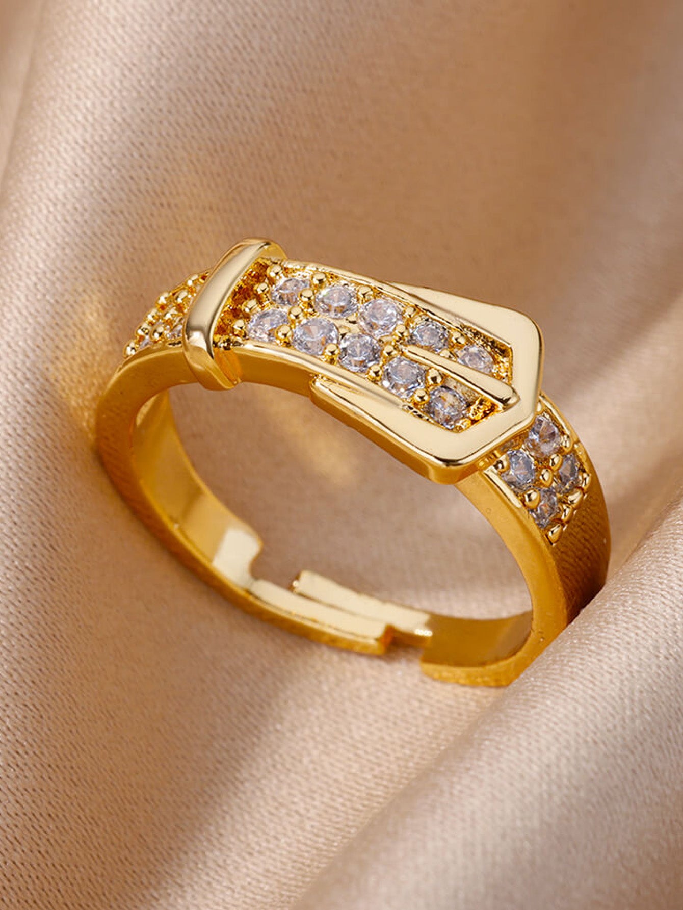 Zircon Belt Open Ring Gold Stainless Steel Unisex Wedding Jewelry