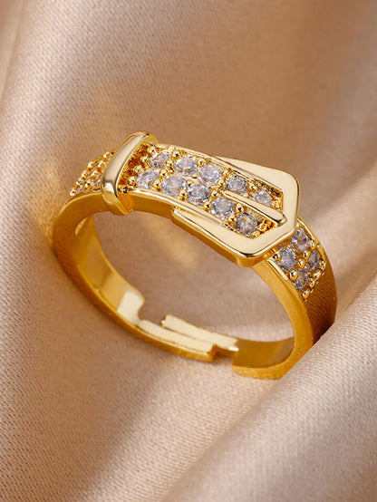 Zircon Belt Open Ring Gold Stainless Steel Unisex Wedding Jewelry