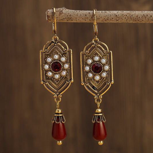 Boho Ethnic Geometric Waterdrop Stone Earrings Jewelry Gold Color Red Blue White Pearl Handmade Earrings For Women Girls Gift