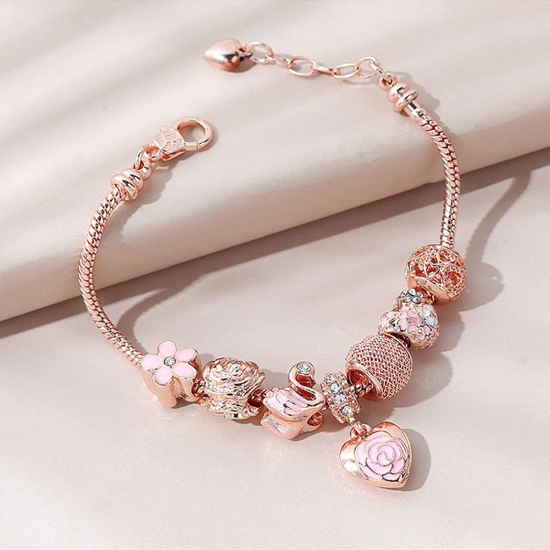 Minimalist Oil Drip Rose Heart Bead Bracelet Fashion Swan Lantern Jewelry