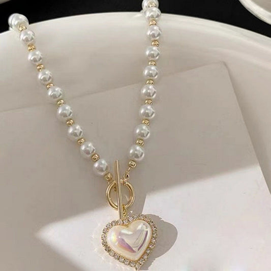 Korean Elegant Big White Imitation Pearl Bead Necklace for Women Heart Shaped Necklace Sweet Wedding Party Jewelry Girls Gifts