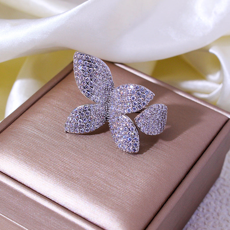 Luxury Cubic Zirconia Butterfly Flower Ring Adjustable Women’s Jewelry