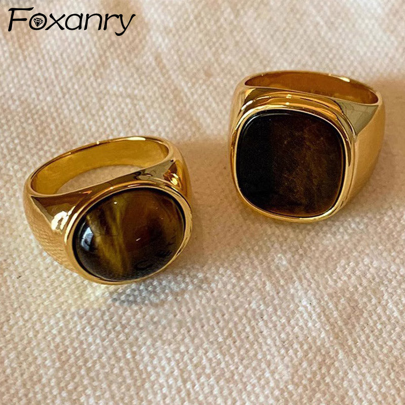 Foxanry Gold Color Tiger's Eye Rings For Women Couples Creative Personality Vintage Simple New Fashion Birthday Jewelry Gifts
