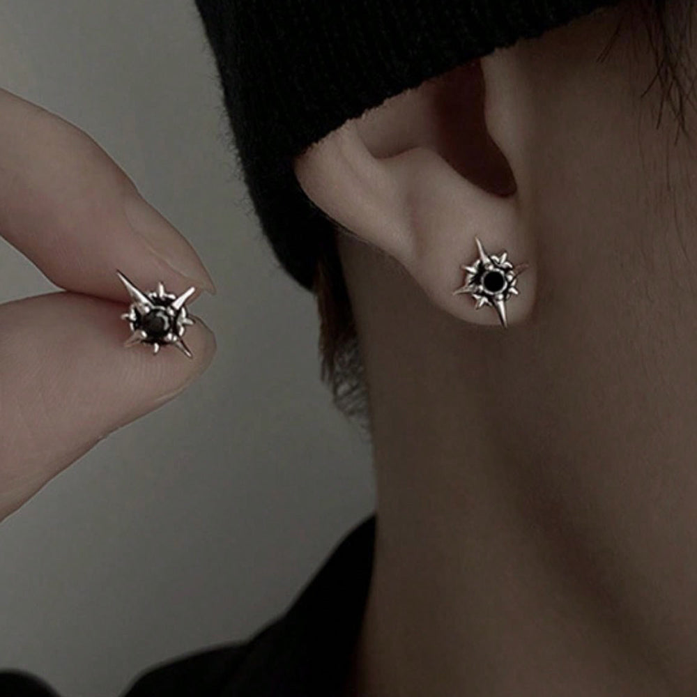 Black CZ Star Stud Earrings Hip Hop Silver Unisex Jewelry