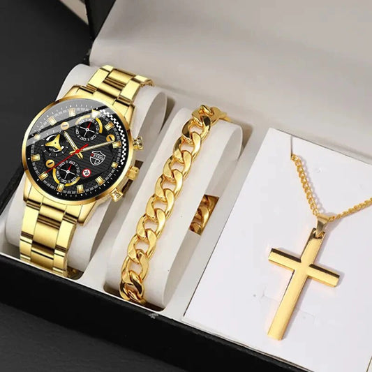 3pcs Set Luxury Mens Stainless Steel Watches Fashion Business Quartz Wristwatch Casual Sports Watch Bracelet Necklace