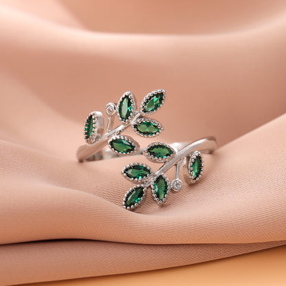 Green Crystal Leaf Ring 925 Sterling Silver Adjustable Women’s Jewelry