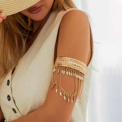 Golden Coin & Leaf Tassel Arm Cuff Unisex Upper Arm Bracelet