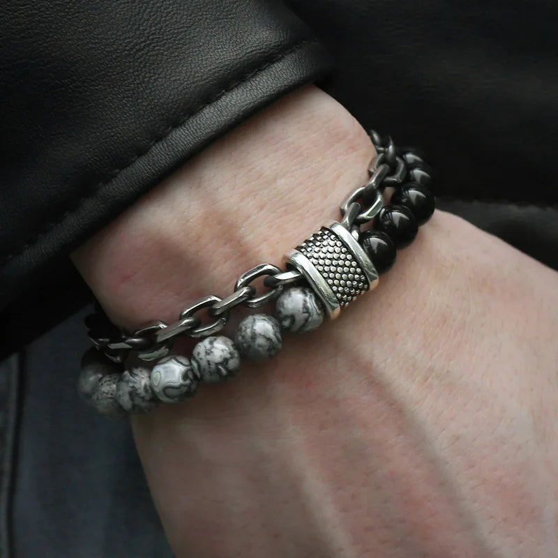 New 2020 Men's Tiger Eye Stone Beaded Bracelet Stainless Steel Gunmetal Link Chain Yoga Bracelet Male Jewelry