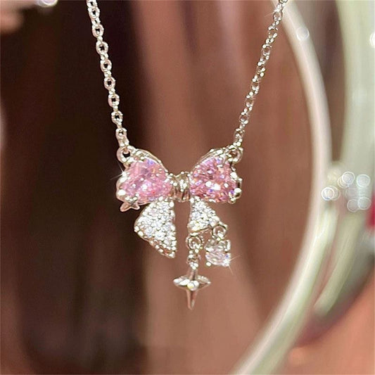 Korea New Design Bowknot Pink Zircon Cross Pendant Necklaces Fashion Temperament Clavicle Chain for Women Trendy Party Jewelry