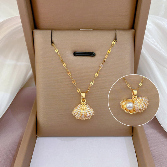 Classic Shell Pearl Necklace Fashion Small Fresh Clavicle Chain Micro-inlaid Simple Versatile Pendant Gift Giving