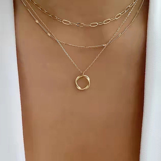 IPARAM Gold Color Multi Layered Chains Necklace for Women Girls Circle Pendant Vintage Necklaces Fashion Jewelry Gifts