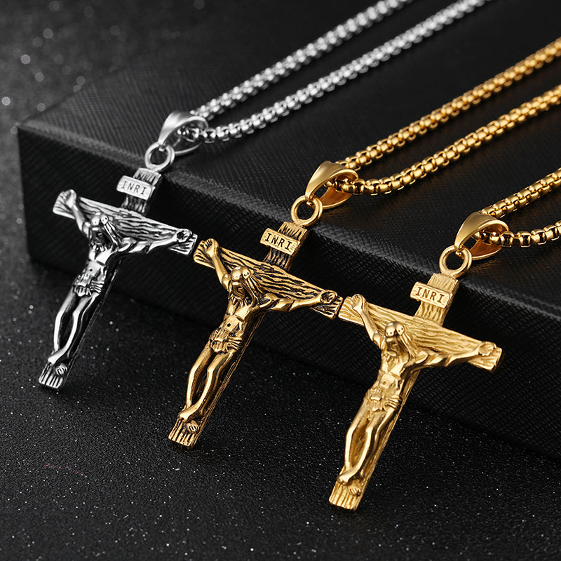 Jesus Cross Necklace Stainless Steel Gold & Silver Pendant for Men