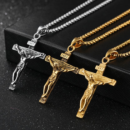 Jesus Cross Necklace Stainless Steel Gold & Silver Pendant for Men