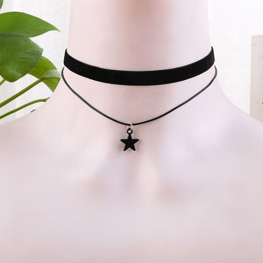 Vintage Gothic Double Layer Velvet Choker Women's Neck Chain Punk Jewelry Short Black Star Pendant Necklace Collares Para Mujer