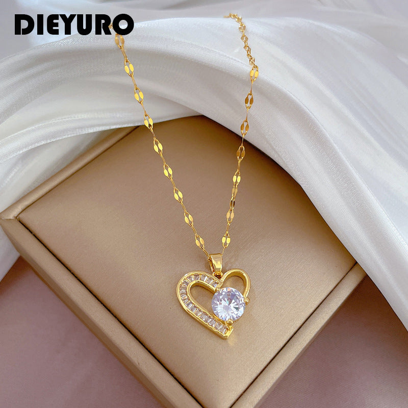 316L Stainless Steel Asymmetrical Heart Zircon Pendant Necklace For Women New Luxury Girls Clavicle Chain Jewelry Gifts