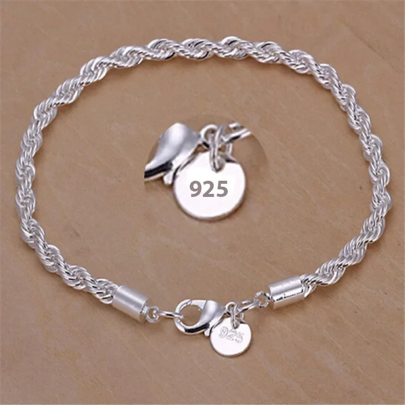 925 Silver 4mm Twisted Rope Bracelet for Men and Women