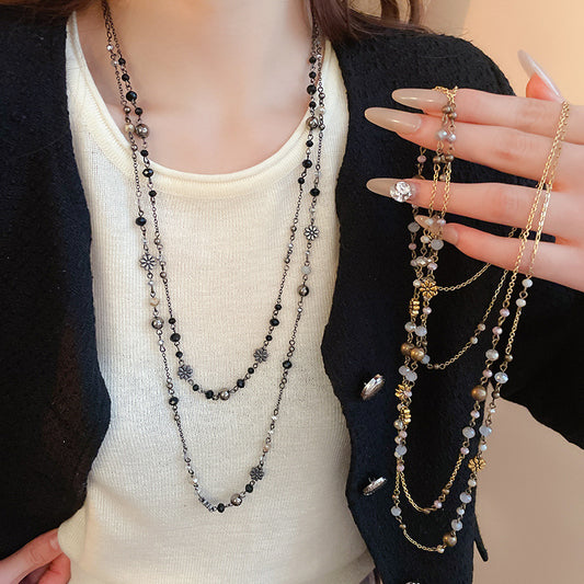 New Flower Glass Beaded Double Layered Stacking Chains Necklaces for Women Temperament Vintage Sweater High-end Fashion Jewelry