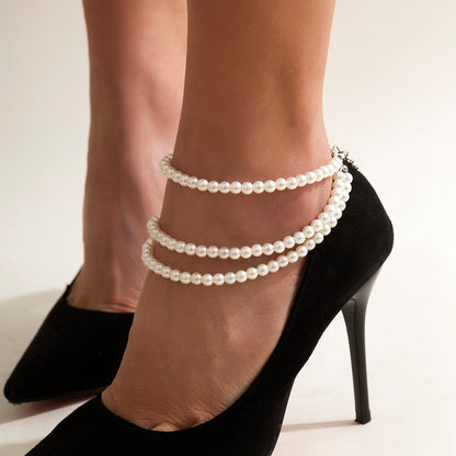 Ingemark Multilayer Tassel Pearl Anklet for Women Foot Party Jewelry