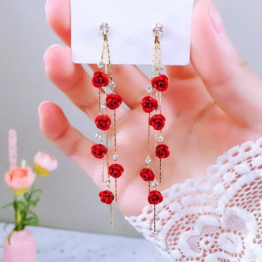 Delysia King Women 2025 Trendy Versatile Rose Earrings Alloy Rhinestone Long Tassels Elegant Temperament Eardrop