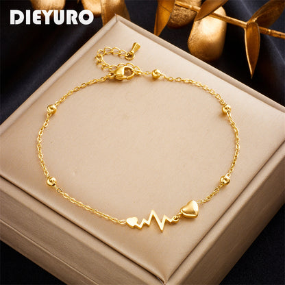 DIEYURO Stainless Steel Heart ECG Anklet Trendy Leg Chain for Women