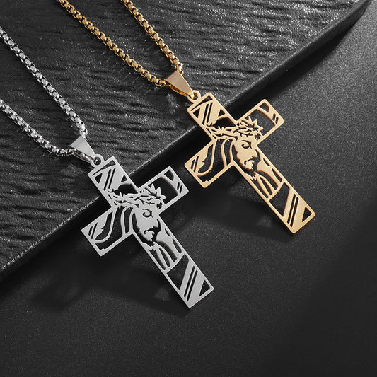 Hip Hop Punk Crown of Thorns Jesus Cross Necklace for Men Stainless Steel Gold Plated Crucifix Pendant Necklaces Jewelry