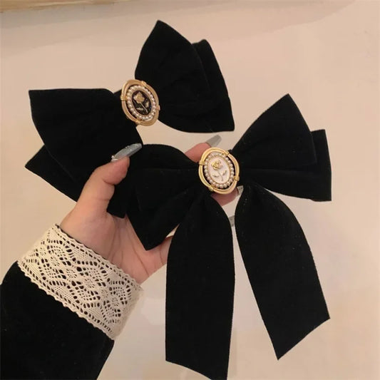New Black Velvet Bow Hair Pins Elegant Fabric Alloy Roses Hair Clips for Women Fashion Ponytail Barrette Headwear Accessories