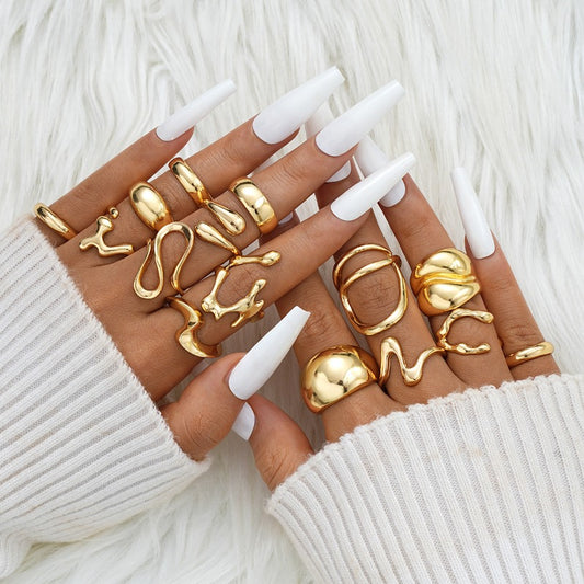 New 15 Piece Set Exaggerated Retro Opening Ring Jewelry Gold and Silver Lava Lines Smooth Irregular Ring for Women