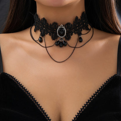 Lacteo Gothic Black Lace Choker with Crystal Beads Y2K Necklace