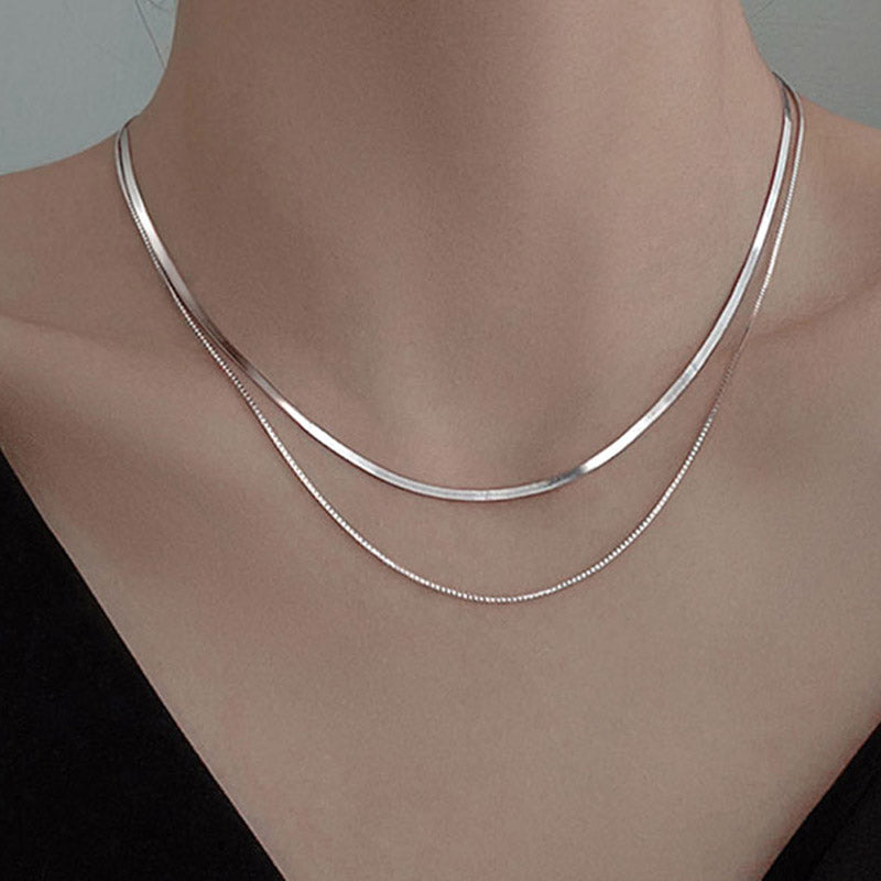2025 S925 Silver Double Layer Box Chain Snake Clavicle Chain Necklace Female Fashion Hip-hop Retro Unique Design Fine Jewelry