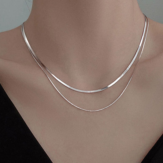 2025 S925 Silver Double Layer Box Chain Snake Clavicle Chain Necklace Female Fashion Hip-hop Retro Unique Design Fine Jewelry
