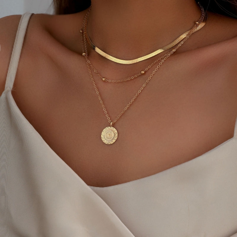 Fashion Flat Snake Chain With Three Layer Coin Disc Pendant Necklace For Women Jewelry Accessories