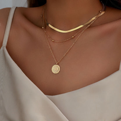 Fashion Flat Snake Chain With Three Layer Coin Disc Pendant Necklace For Women Jewelry Accessories